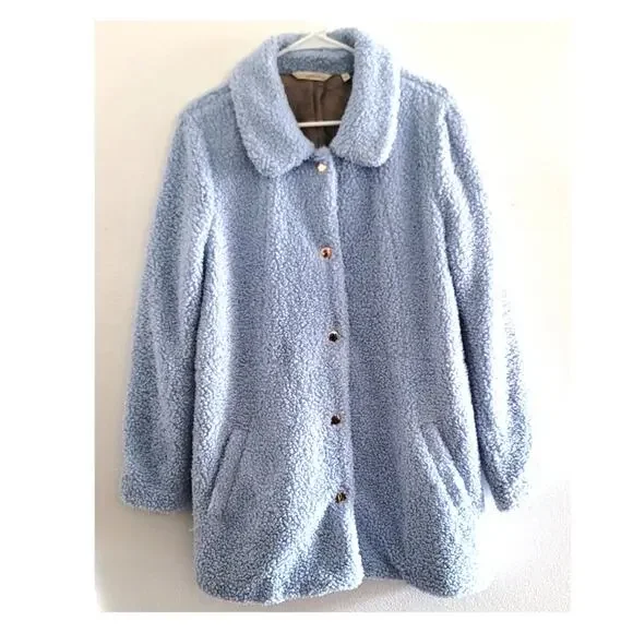 Soft Surroundings Contesse Long Sleeve Faux Sherpa Coat Carolina Blue Medium - Picture 2 of 11